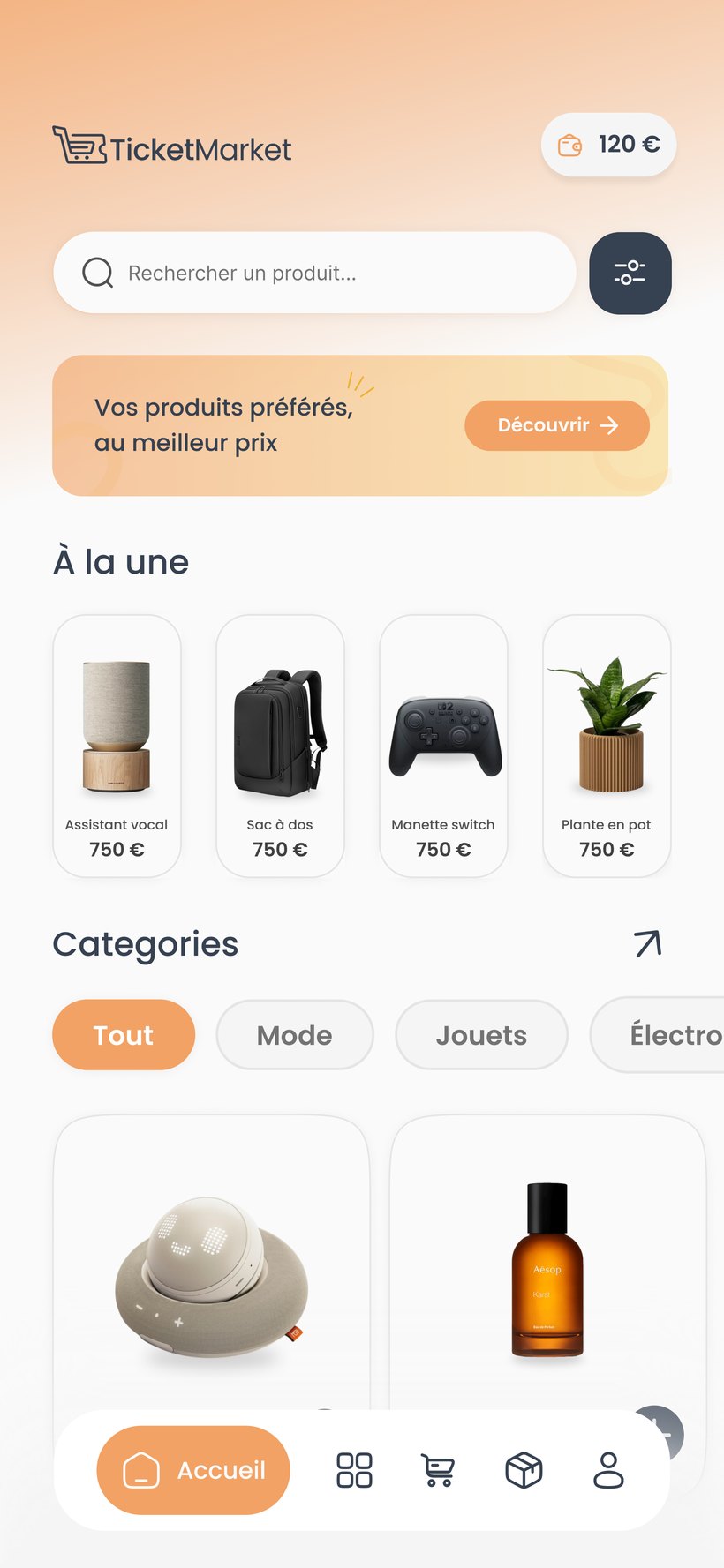 Écran d'accueil TicketMarket